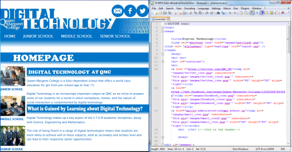 Eden Woodrow's HTML code (right) and website (left)